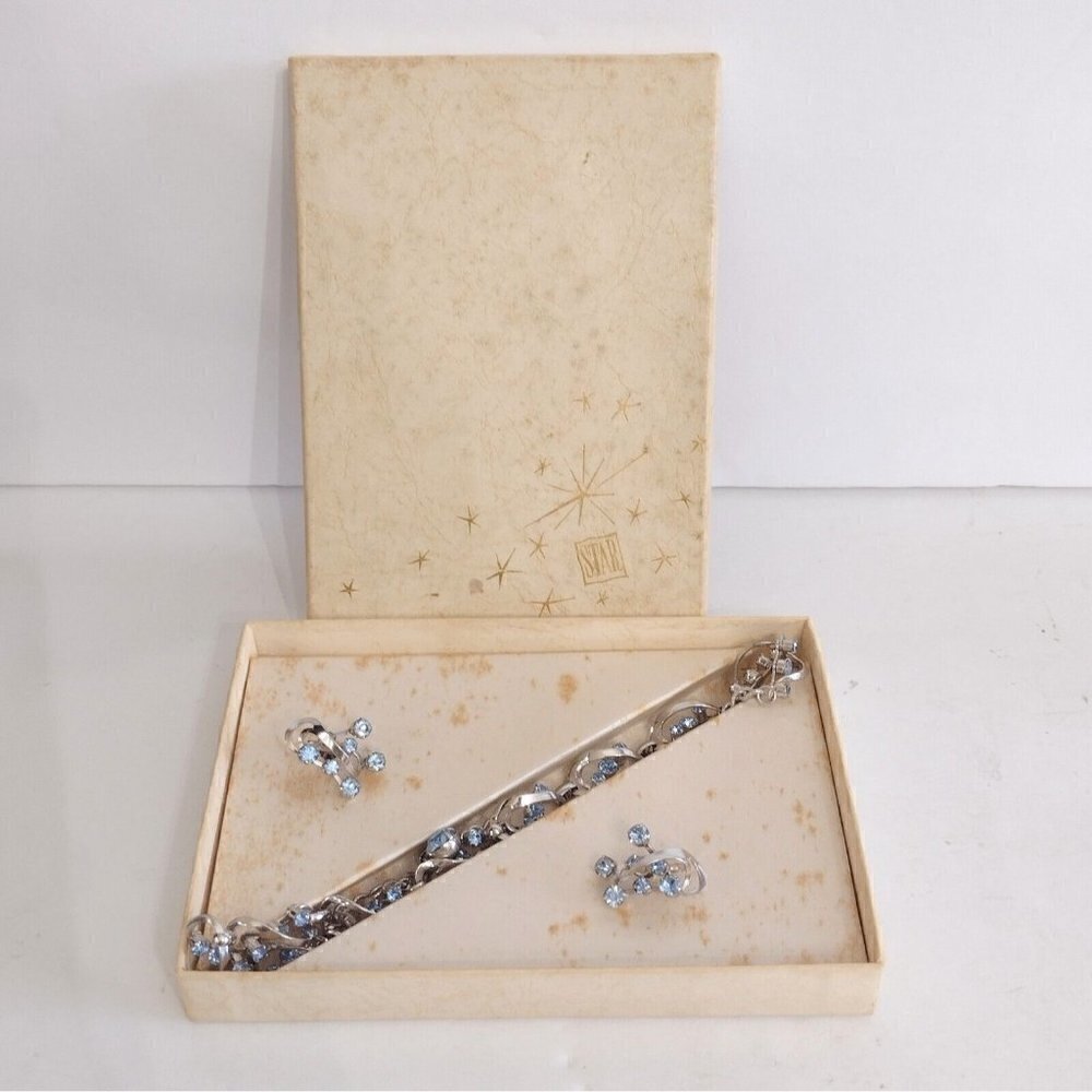 Vintage Star Brand Jewelry Choker Necklace Screw Back Earrings Blue Rhinestones